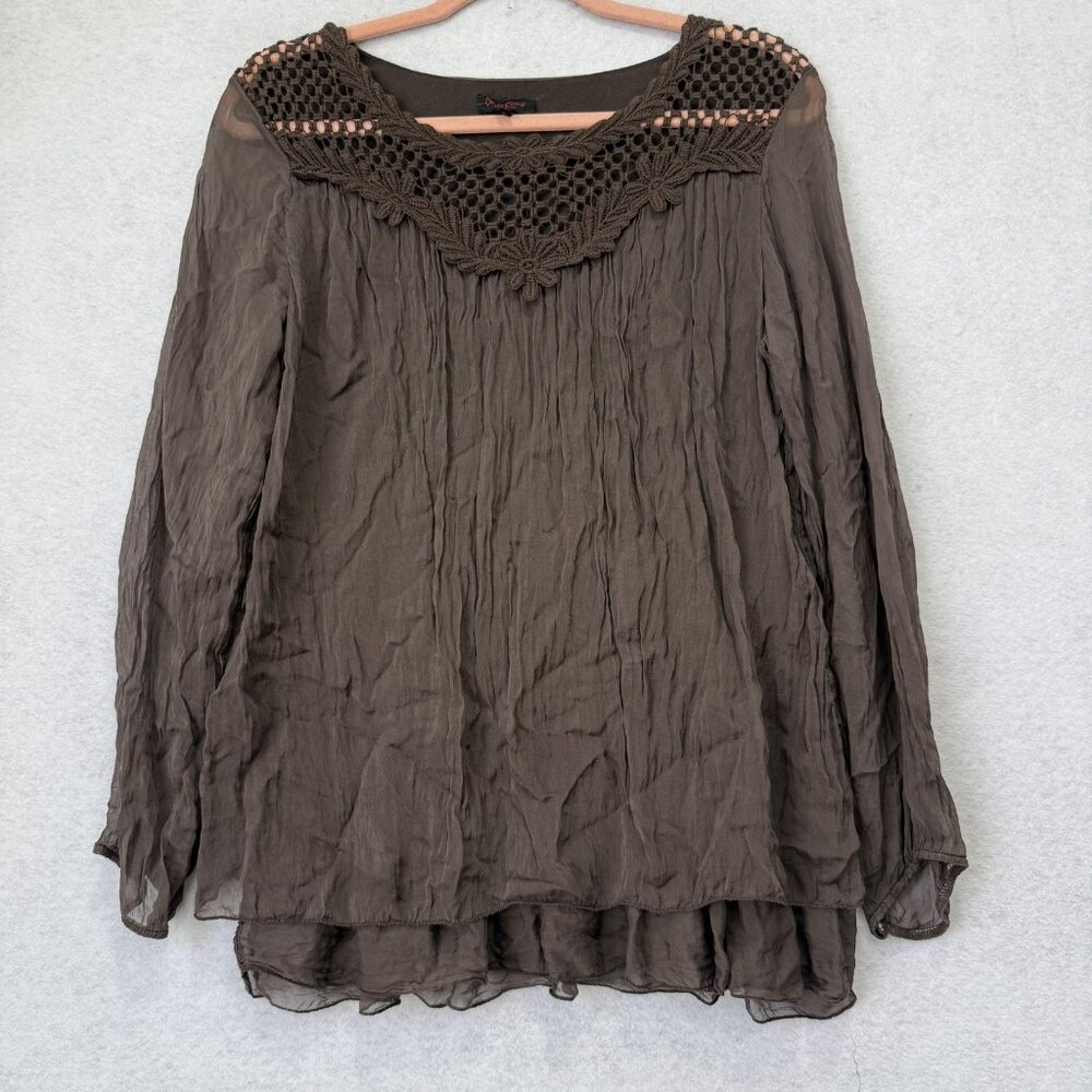 Paola Conti Blouse Womens Small Brown Crochet Lace Boho Sheer Long Sleeve Italy